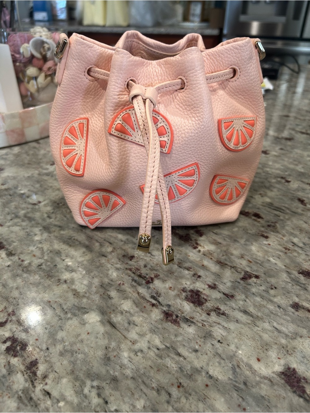 kate spade Pink Leather Citrus Appliqué Drawstring Crossbody Bag - Picture 2 of 7